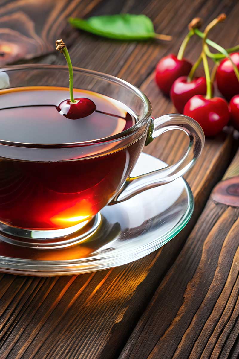 Cup of black cherry tea with cherries on a wooden surface
