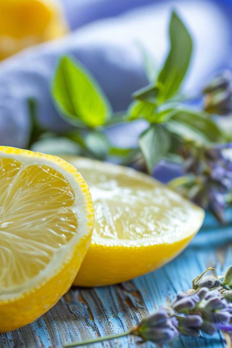 Sliced lemon with lavender flowers on a wooden surface