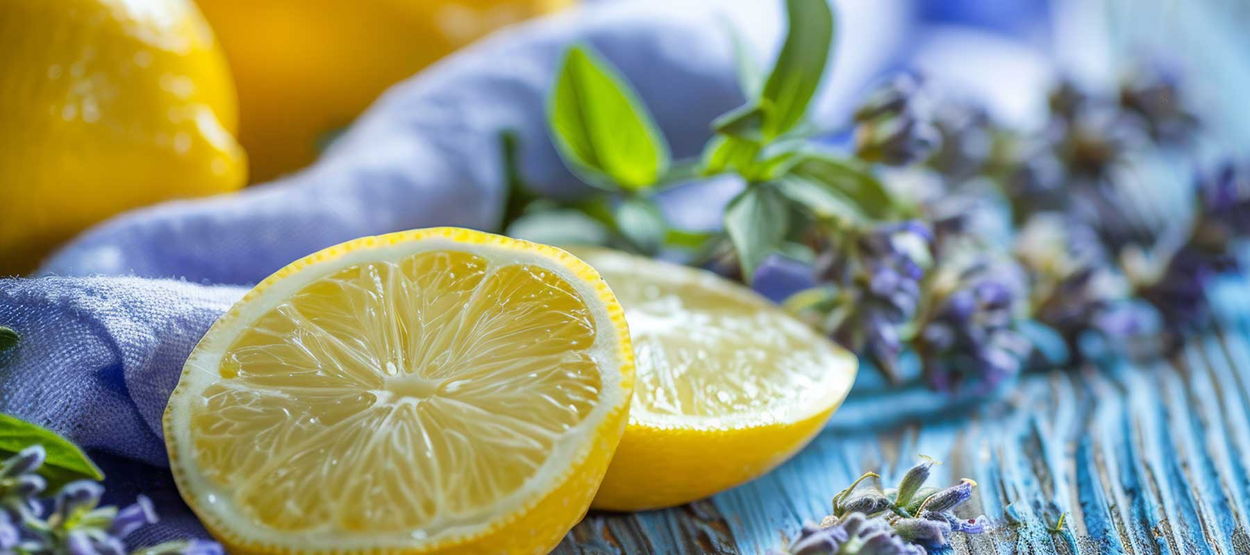 Sliced lemon on a blue cloth with lavender flowers on a wooden surface