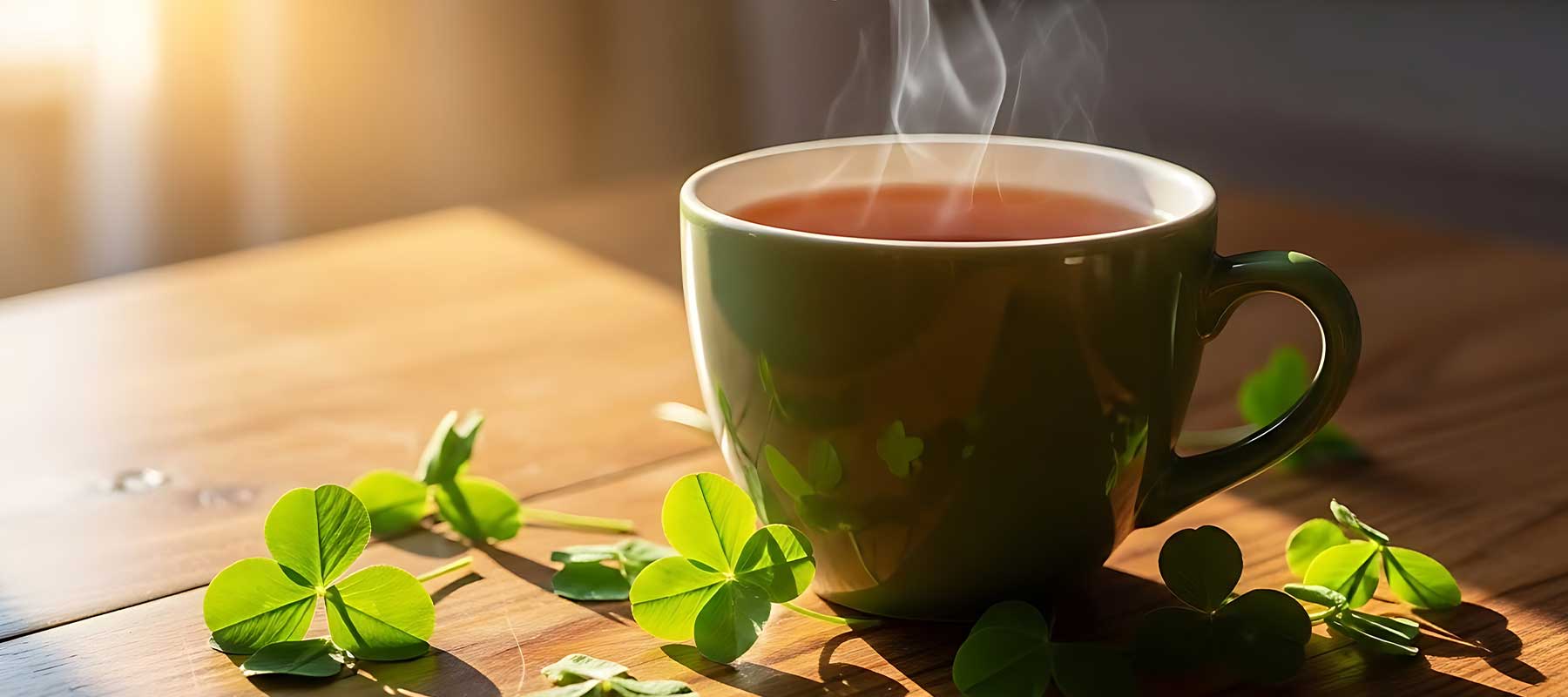 Steaming green mug of tea on a wooden surface with clover leaves