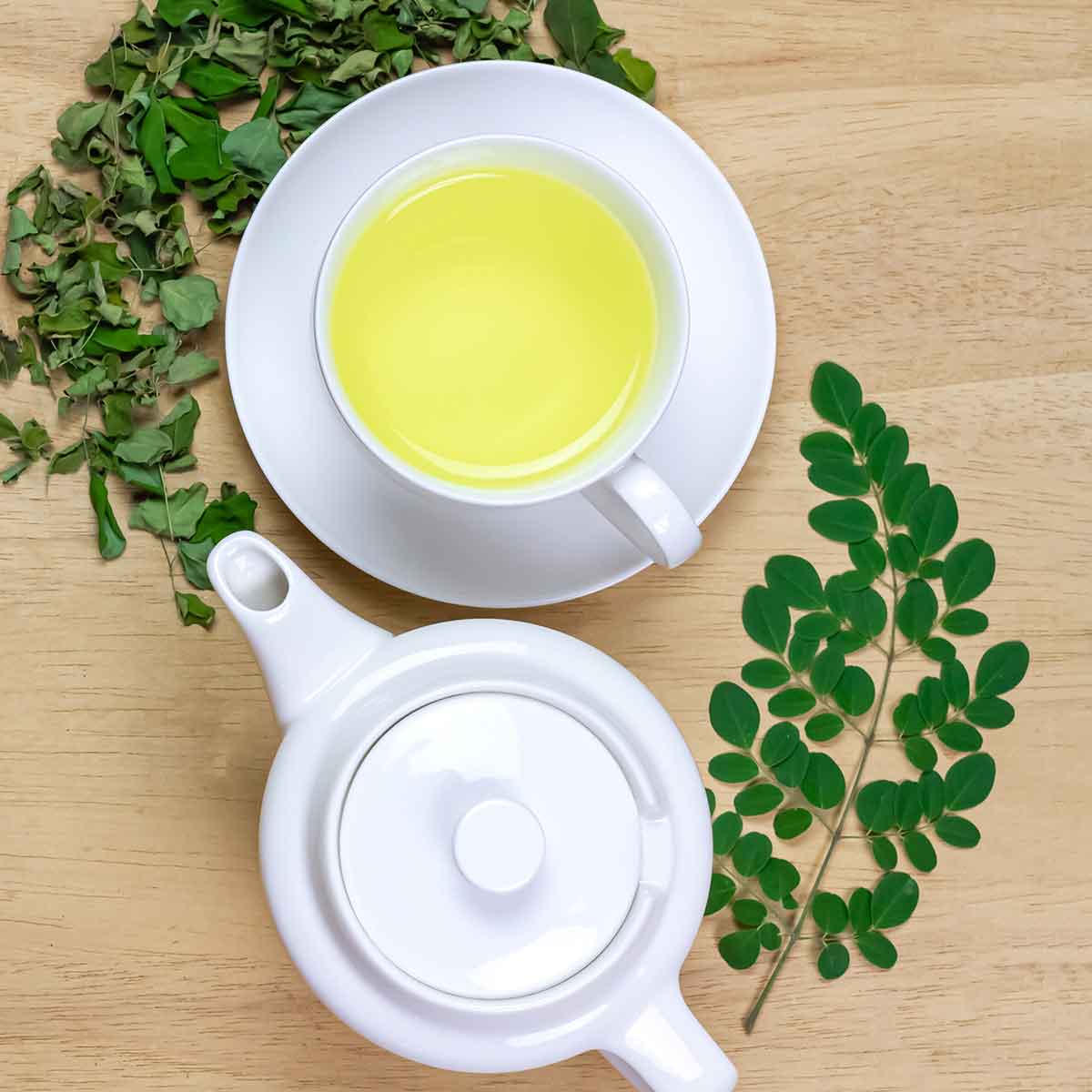 teacup of moringa leaf tea with teapot and moringa oleifera leaves