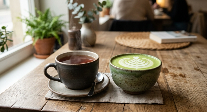 a cup of black tea and matcha on wooden table