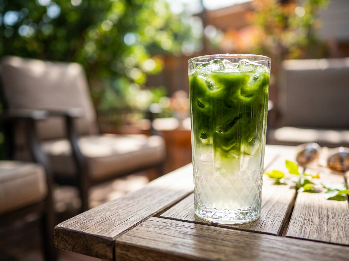 tall glass of iced matcha coconut water on table