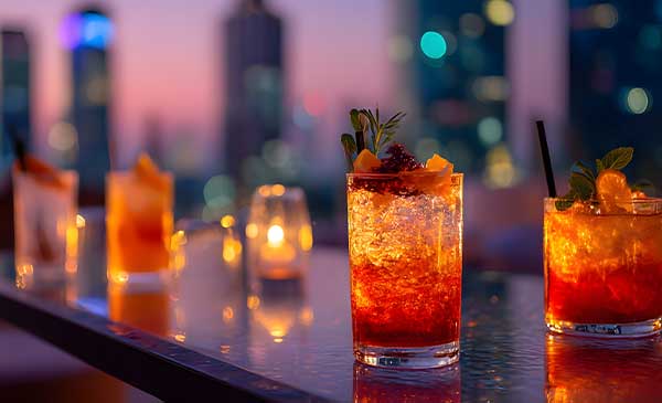 Glasses of spring tea mocktails on table 