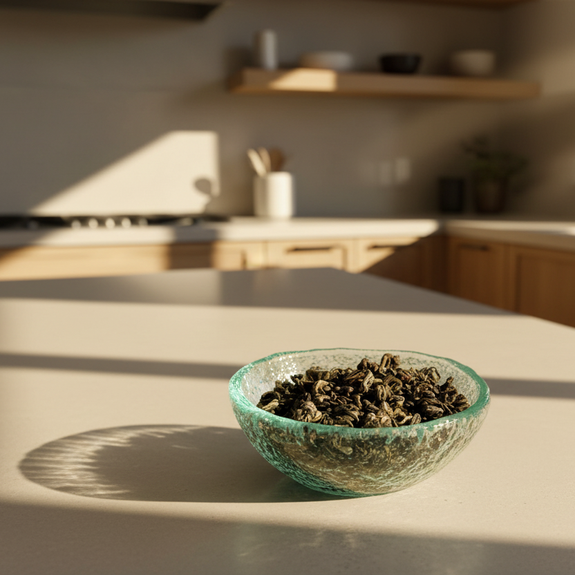 Bowl of jade snail tea on a kitchen counter with a blurred background