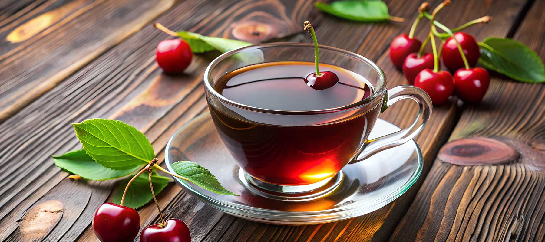 Cup of black cherry tea with cherries on a wooden surface