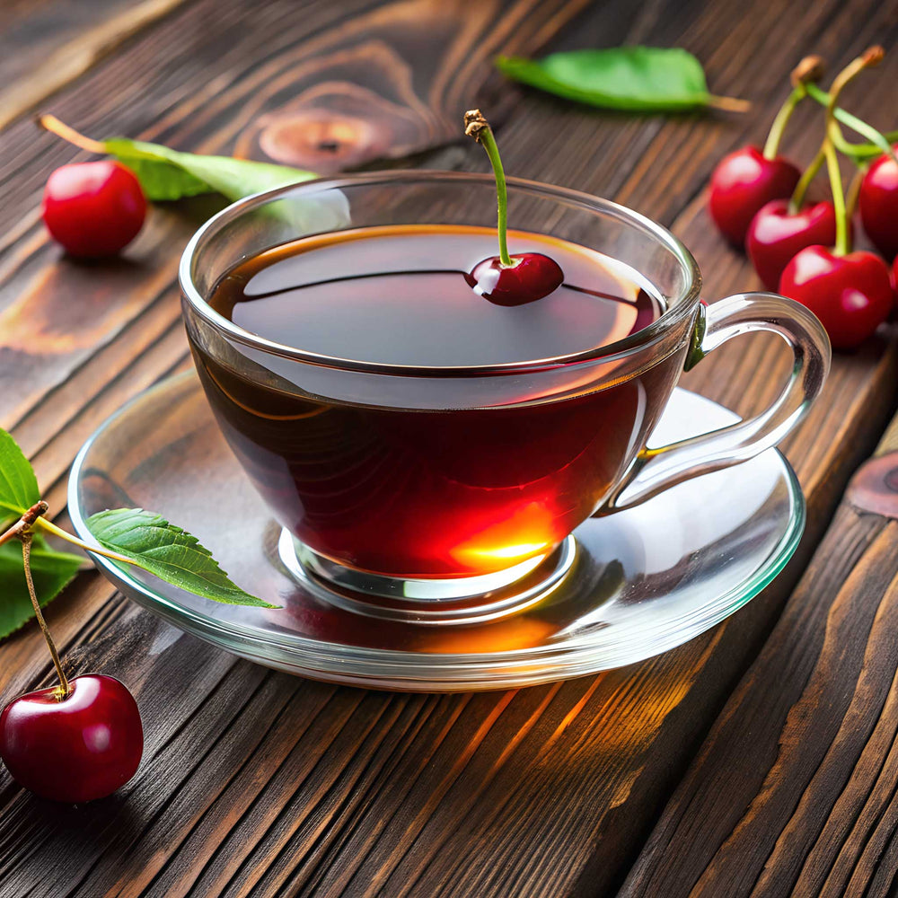 Clear glass cup of Black Cherry tea on a wooden surface with cherries around