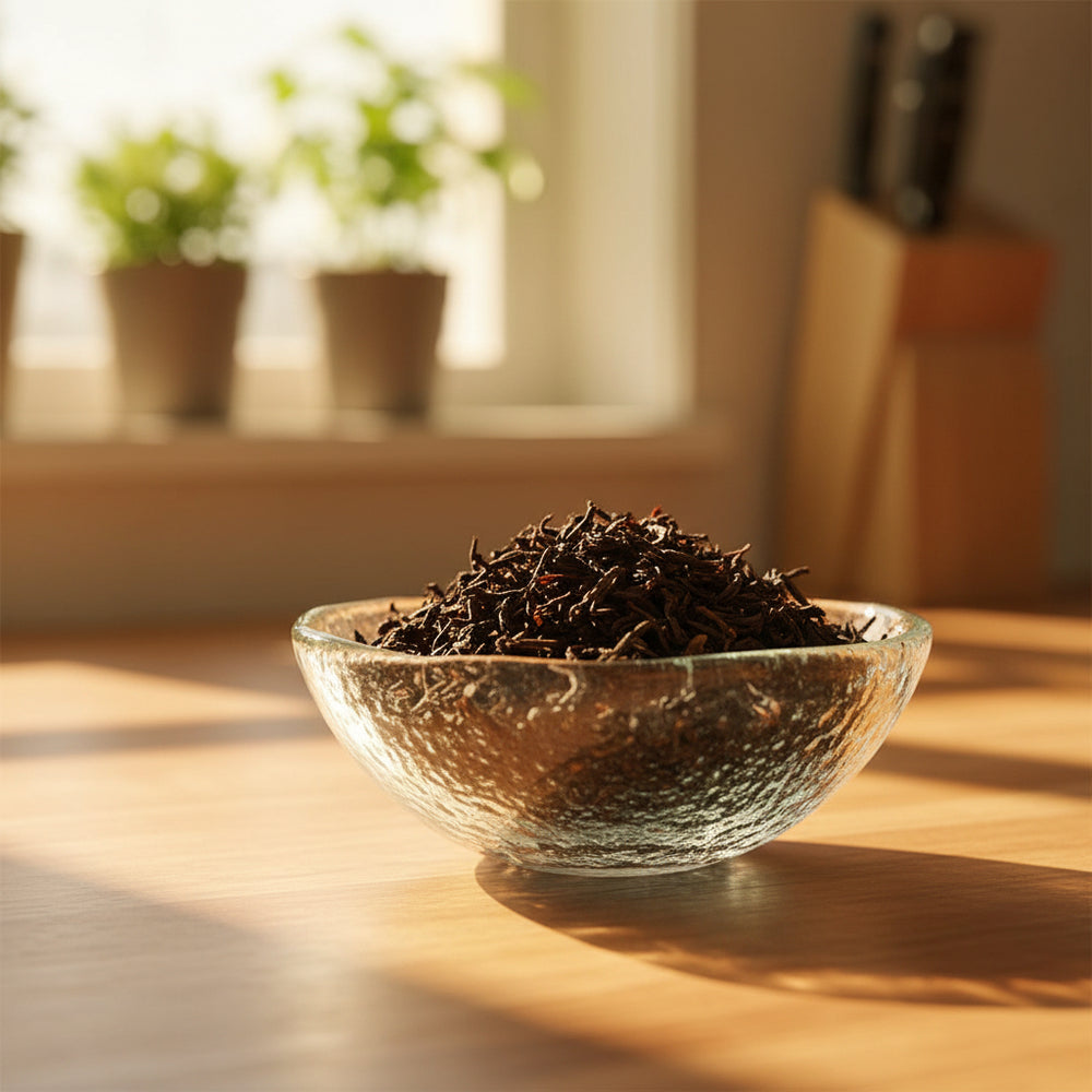 Glass bowl filled with oolong tea leaves on a white background