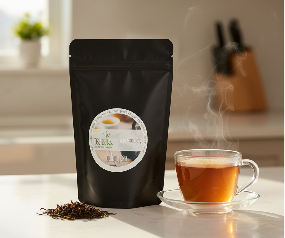 Oolong tea package with a steaming cup of tea on a kitchen counter