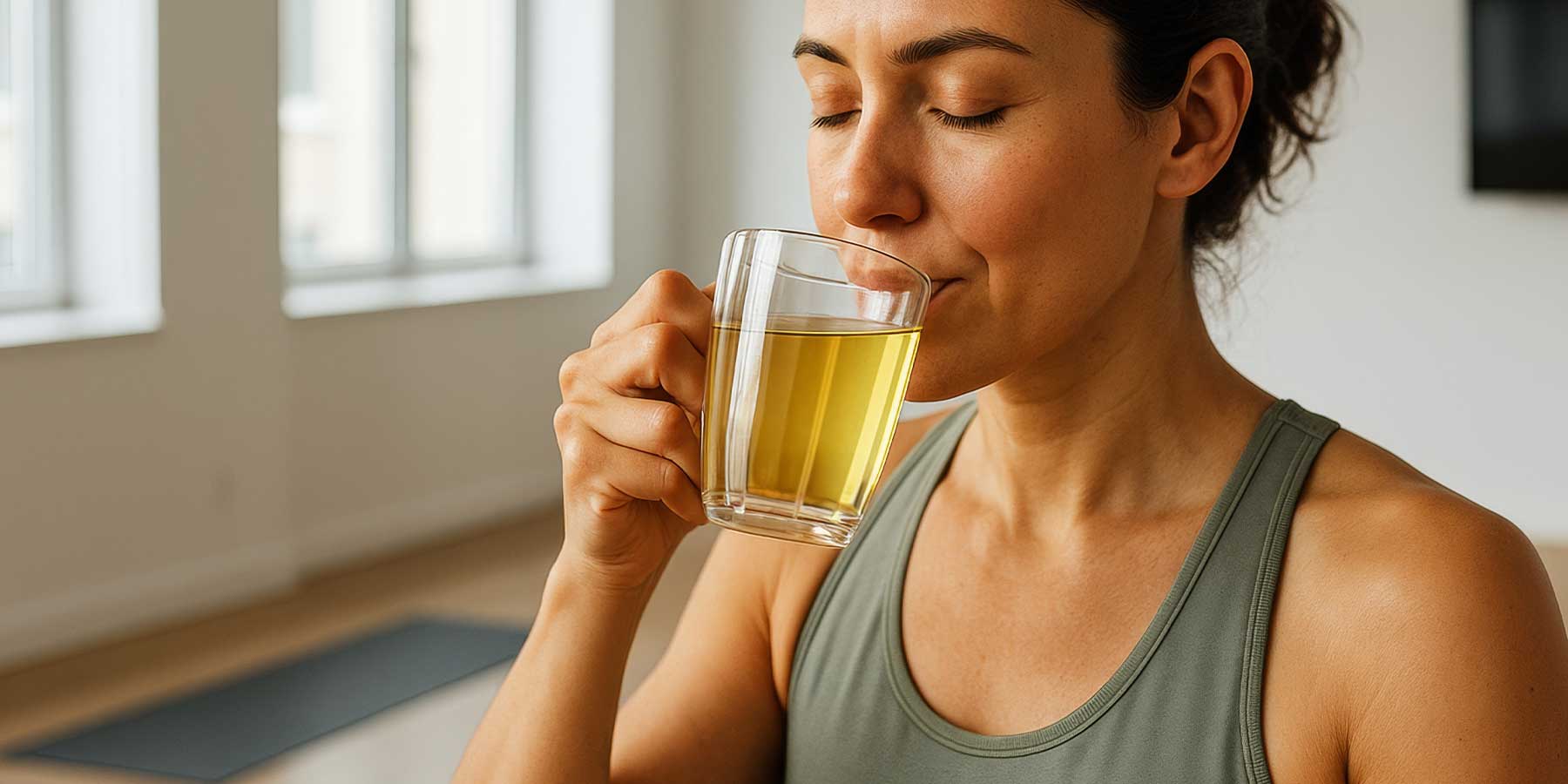Woman drinking from a glass of green tea after exercise