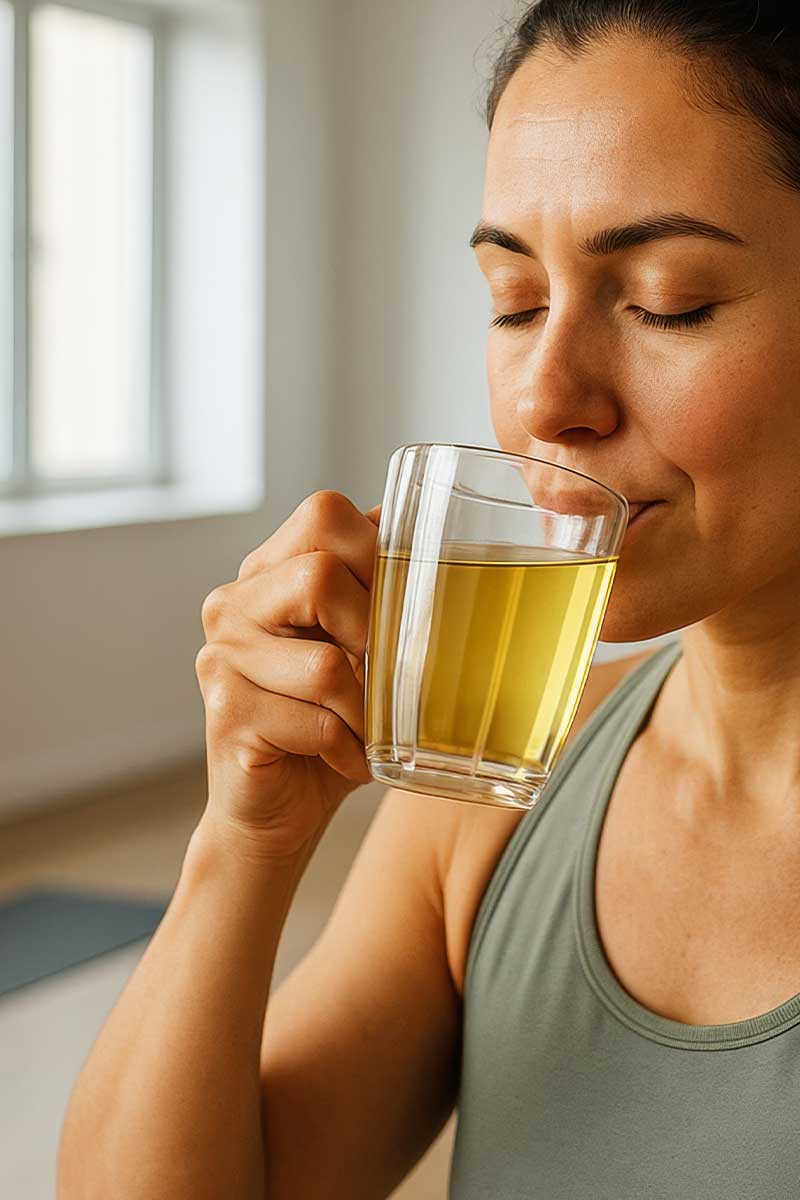Woman drinking from a glass of green tea after exercise