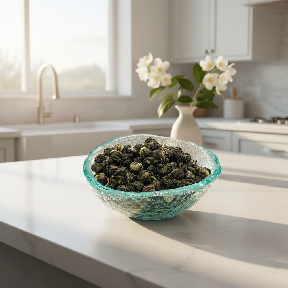 Jasmine Pearls green tea in a decorative glass bowl on a kitchen counter with a vase of flowers in the background.