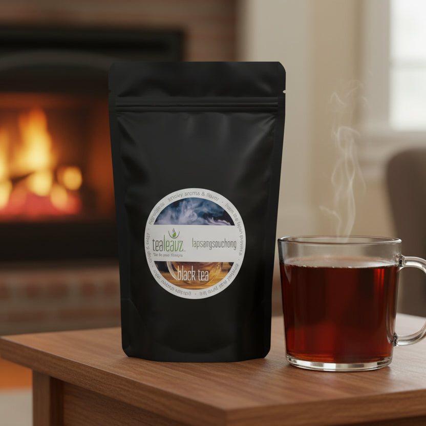 cup of lapsang souchong tea near pouch of tea and fireplace in the background