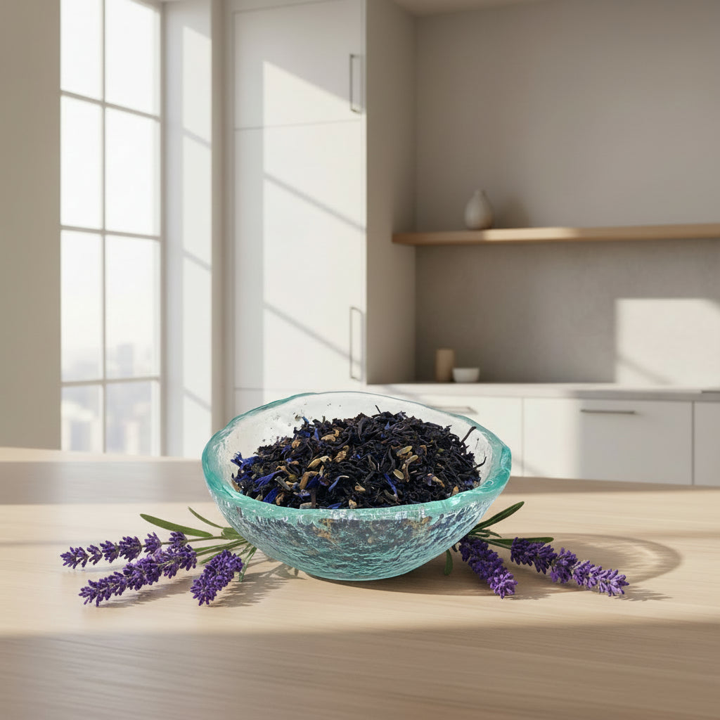 lavender earl grey tea in dish