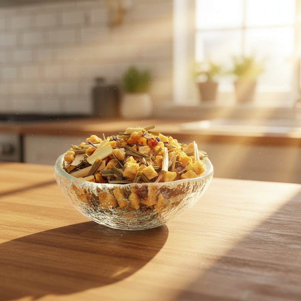 Tea blend in a textured glass bowl on a white background