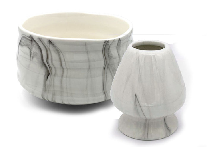licorice swirl matcha bowl and whisk holder