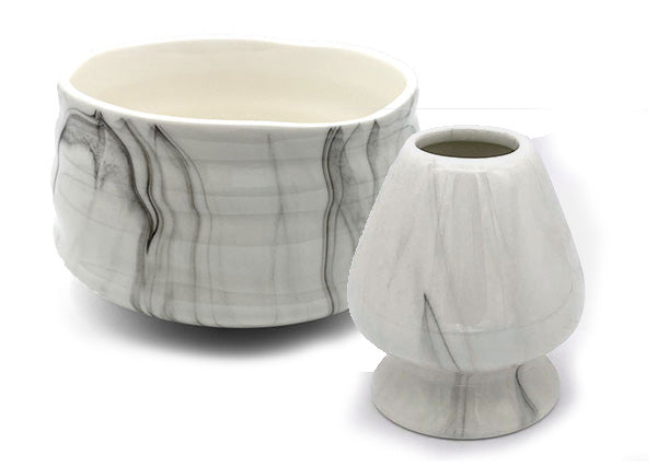 licorice swirl matcha bowl and whisk holder