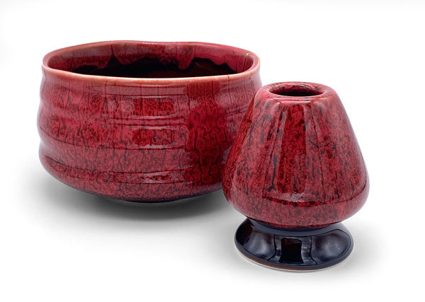 firecracker red matcha bowl and whisk holder