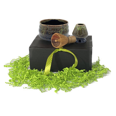 matcha ceramic set in misty forest