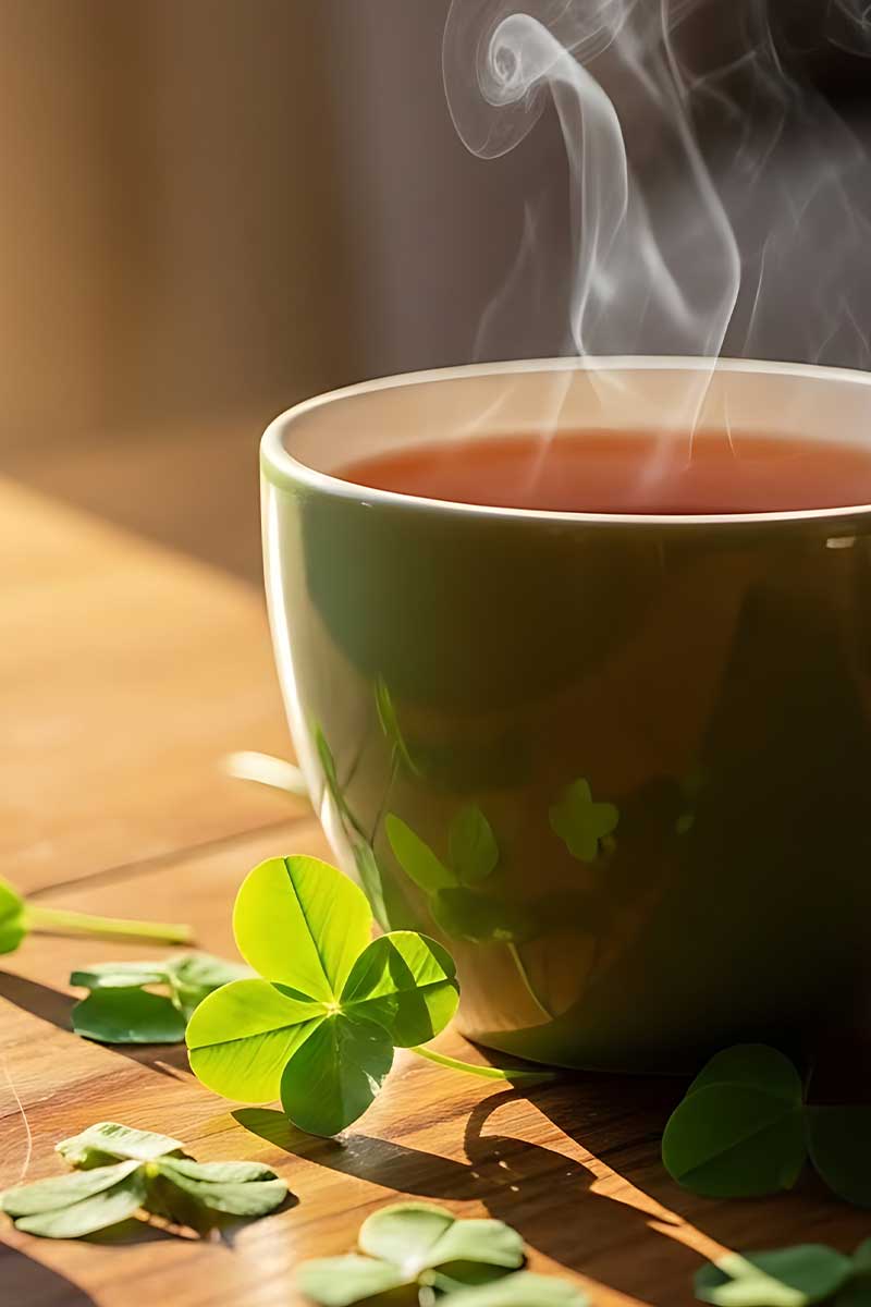 Steaming green mug of tea on a wooden surface with clover leaves