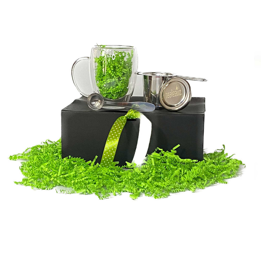 tea accessory gift set with borosilicate mug, tea infuser basket, and tea spoon