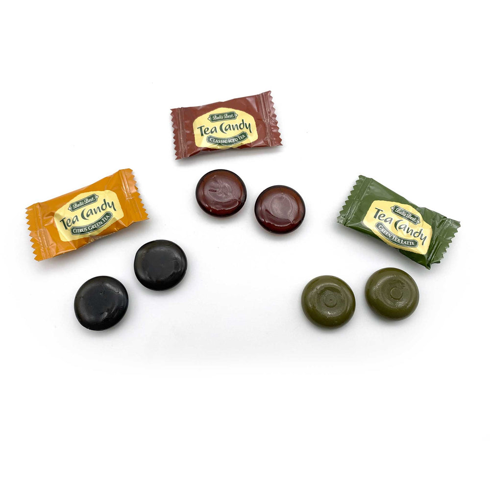 tea candy wrapped and unwrapped - green tea latte, citrus green, and classic ice tea flavors
