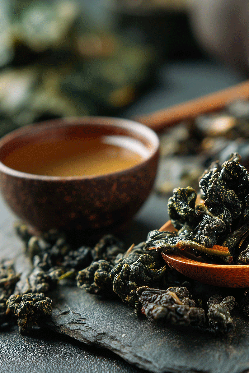 Rolled dark ti kuan yin tea leaves displayed on a dark slate surface with a small wooden spoon holding some leaves, a bowl of amber tea in the background