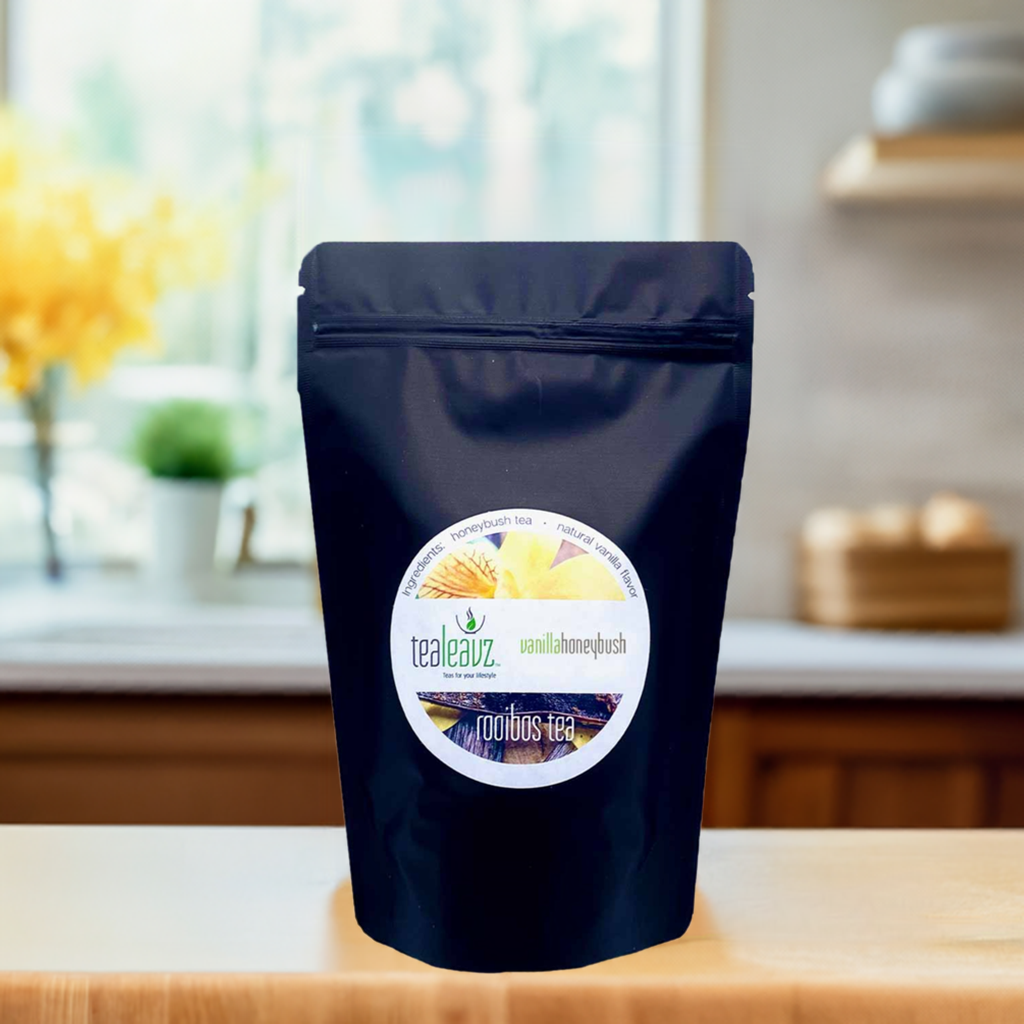 pouch of vanilla honeybush tea on kitchen counter