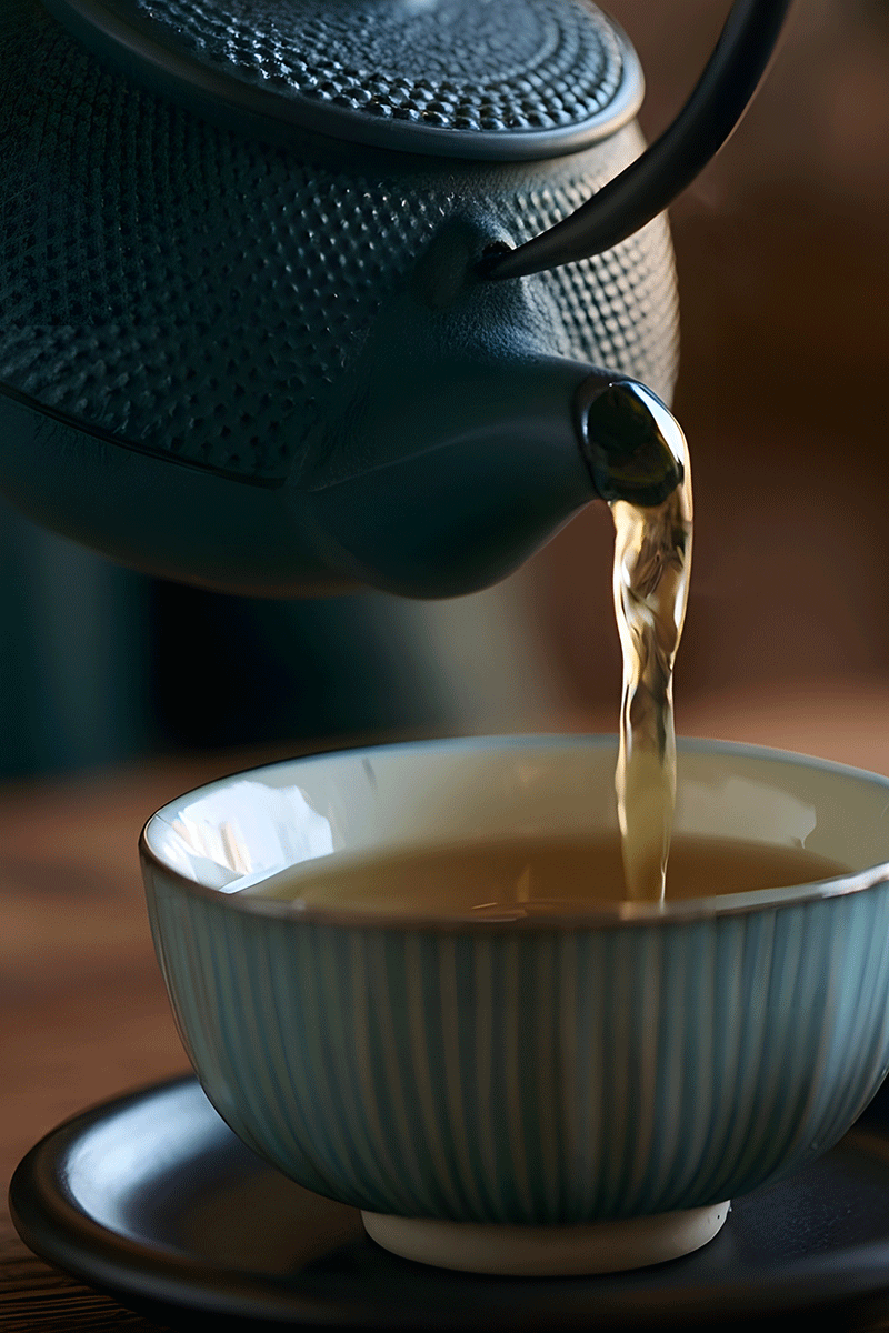 A dark teapot pouring vanilla oolong tea into ribbed ceramic cups on a wooden table