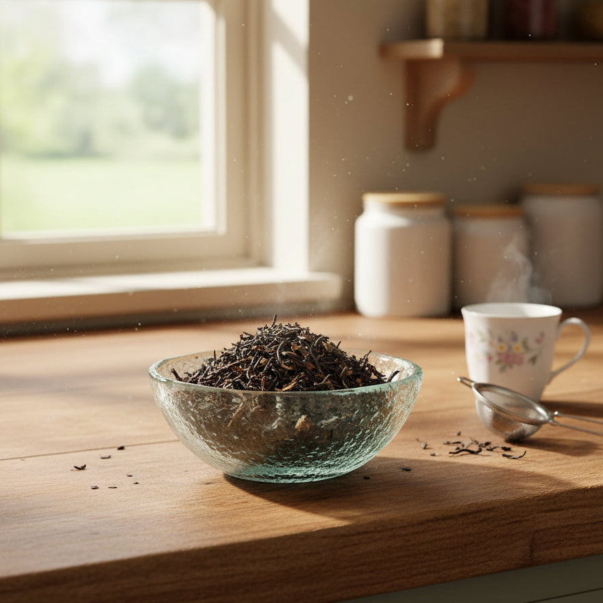 Glass bowl filled with vanilla oolong tea leaves on a kitchen counter