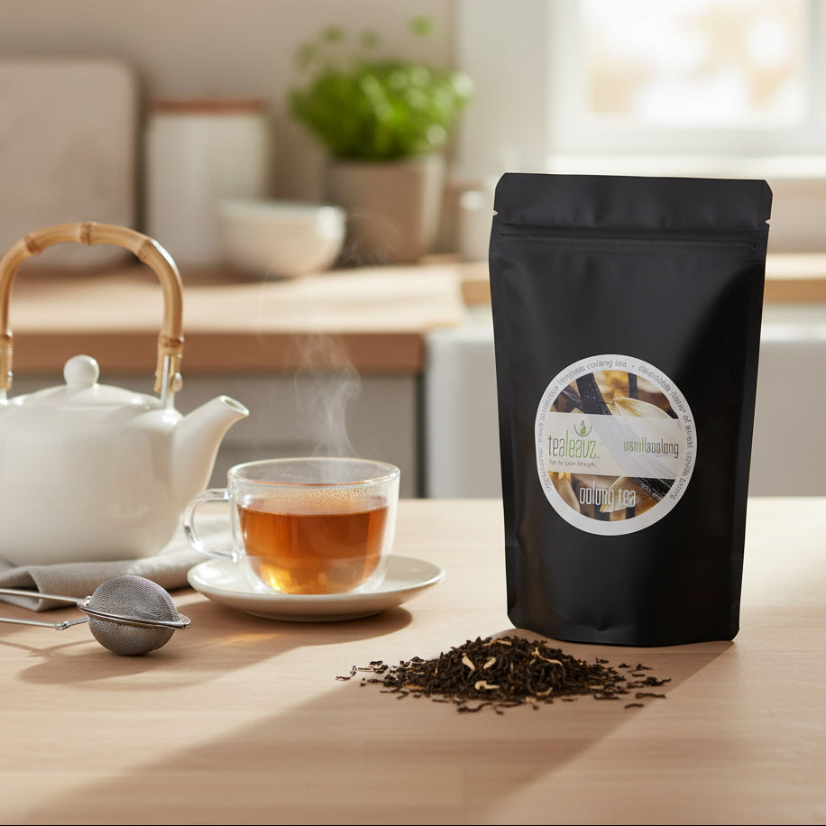 pouch of vanilla oolong tea on kitchen counter