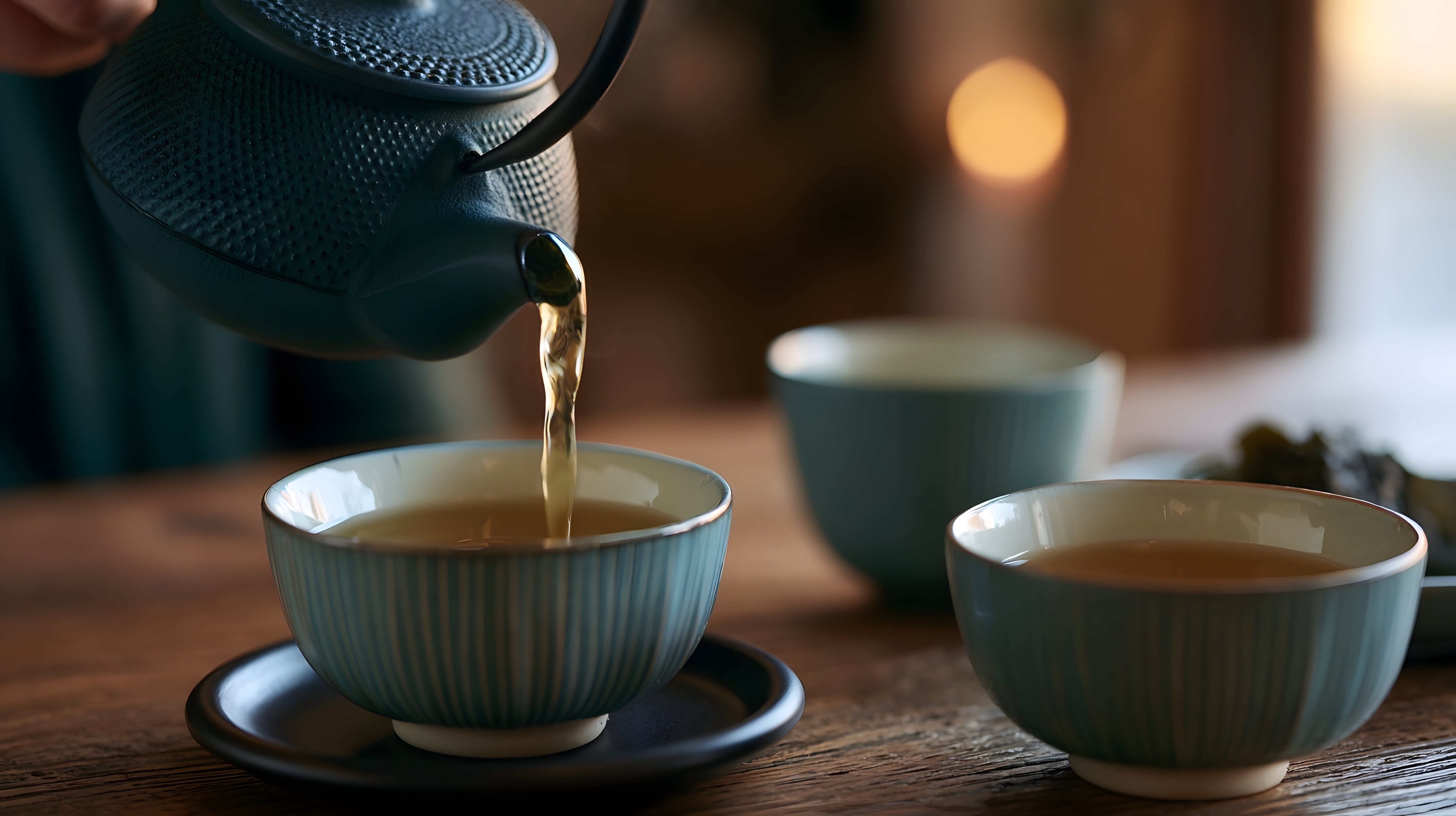 A dark teapot pouring vanilla oolong tea into ribbed ceramic cups on a wooden table, with two more cups in the softly blurred background.