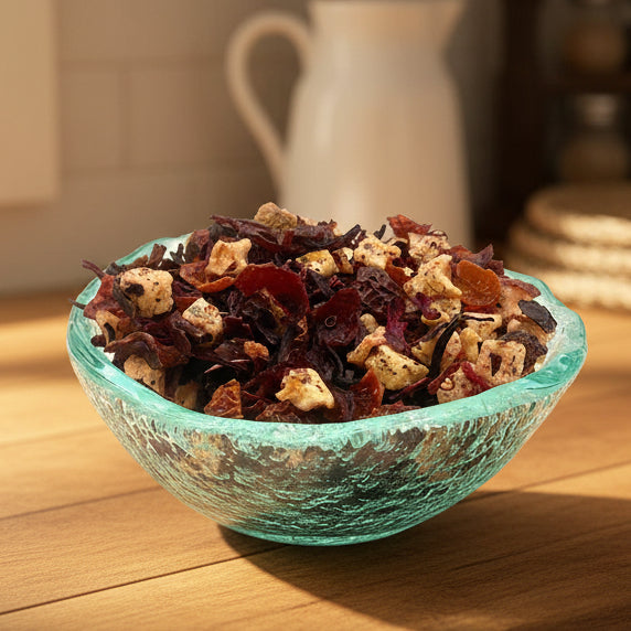 wild strawberry tea in glass dish