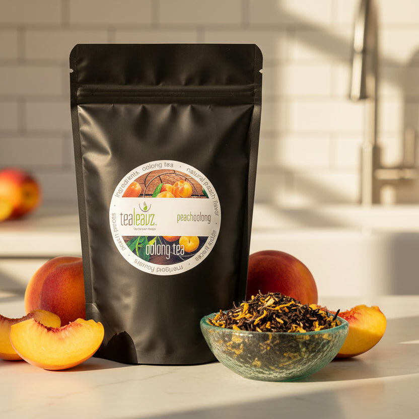 peach oolong tea in dish alongside a package of Tealeavz Peach Oolong tea