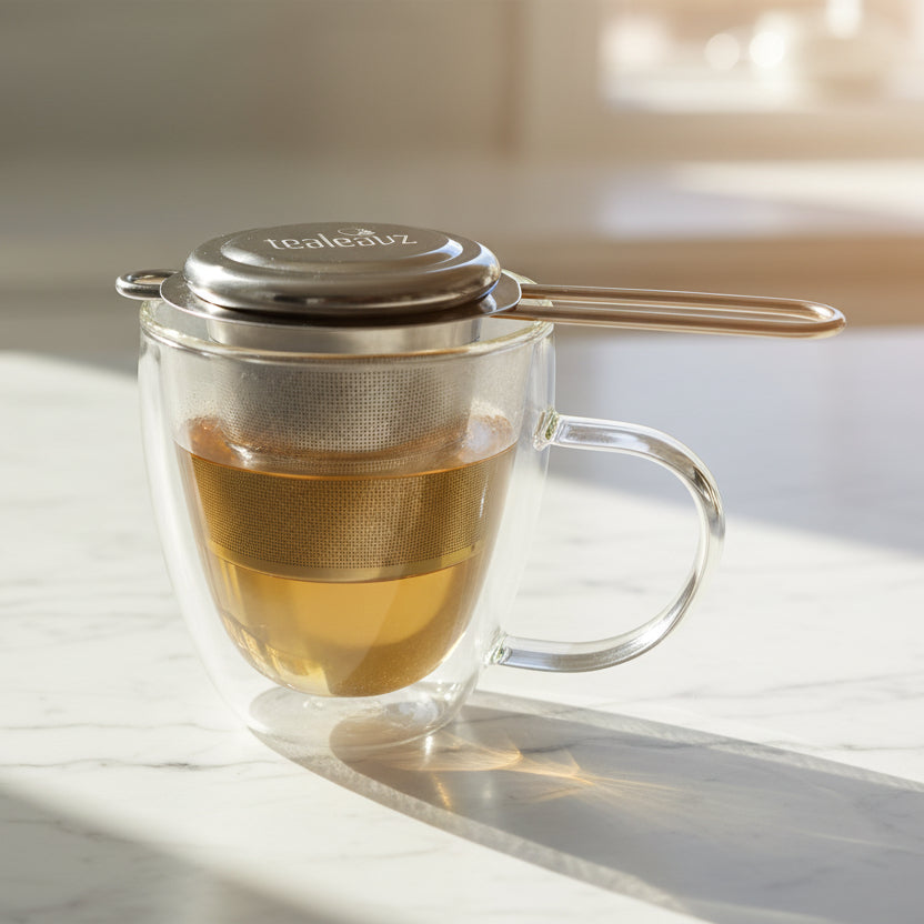 stainless steel tea strainer steeping tea in mug